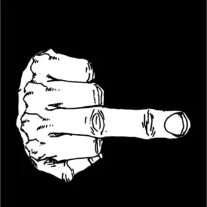 flag featuring white hand with middle finger up on solid black background