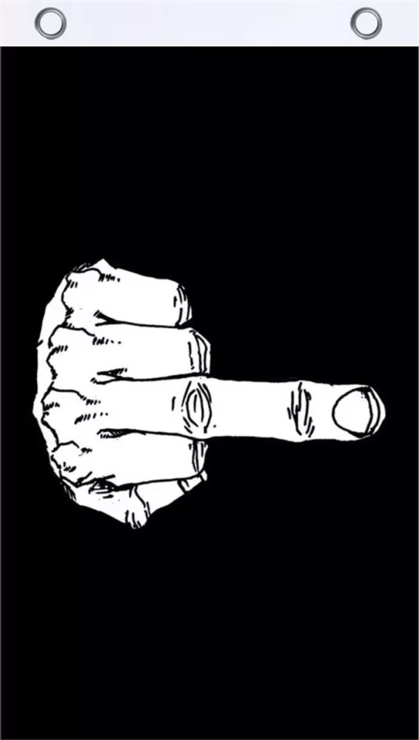 flag featuring white hand with middle finger up on solid black background